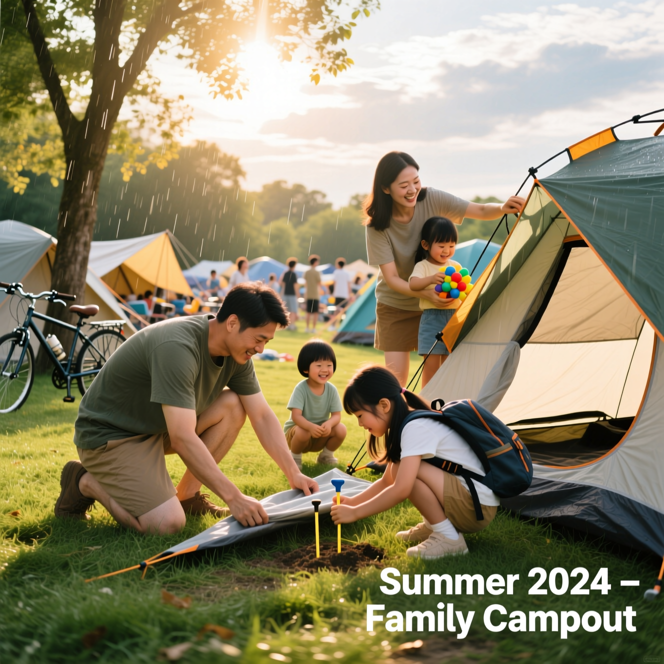 Photo 1: a family setting up a tent at a busy campsite