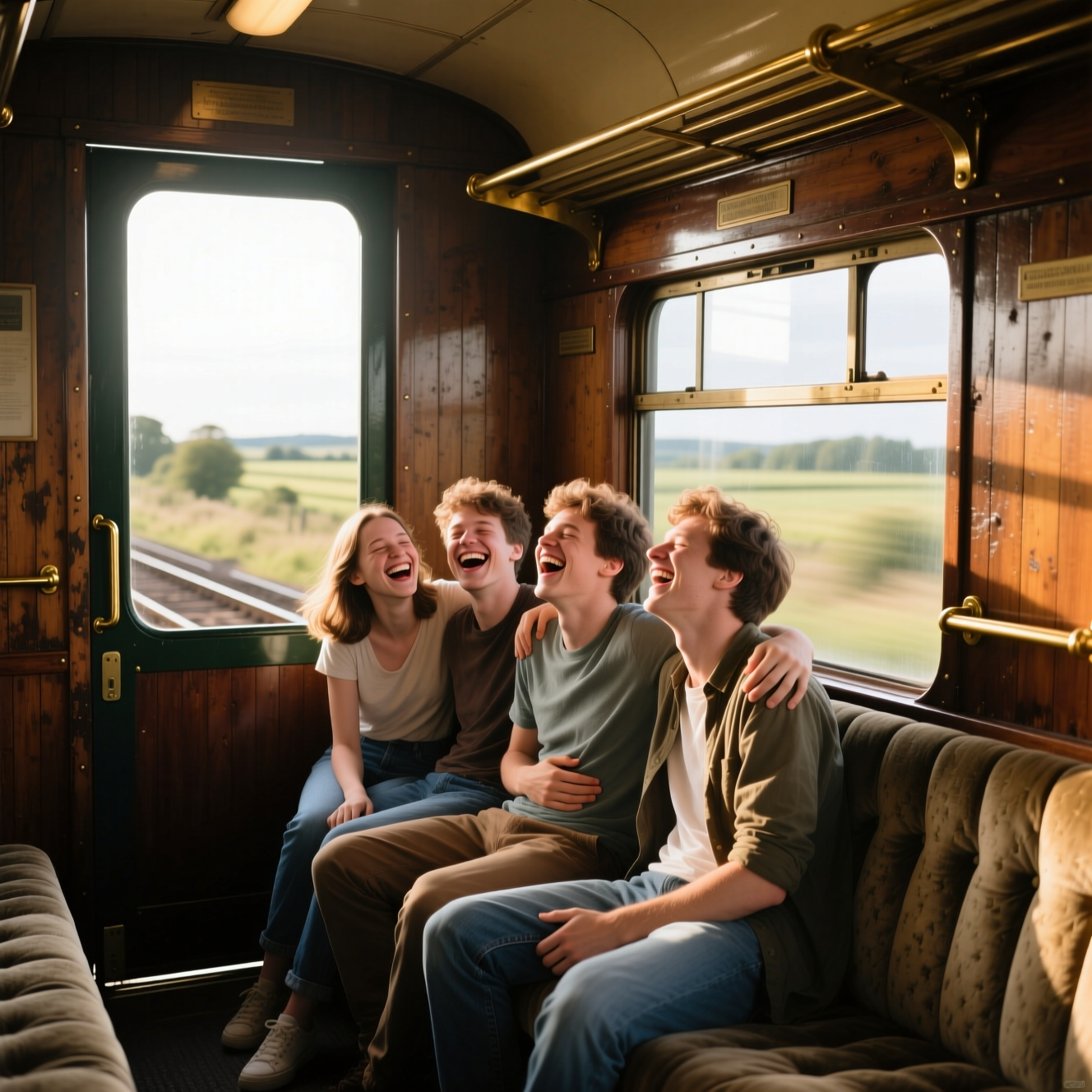 Photo 1: a group of friends laughing while riding in a comfortable train carriage