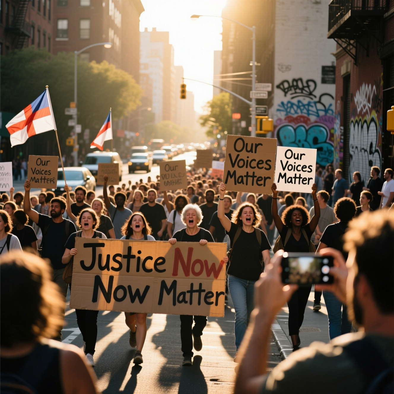 Photo 1: A group of people participating in a large, noisy street protest with banners