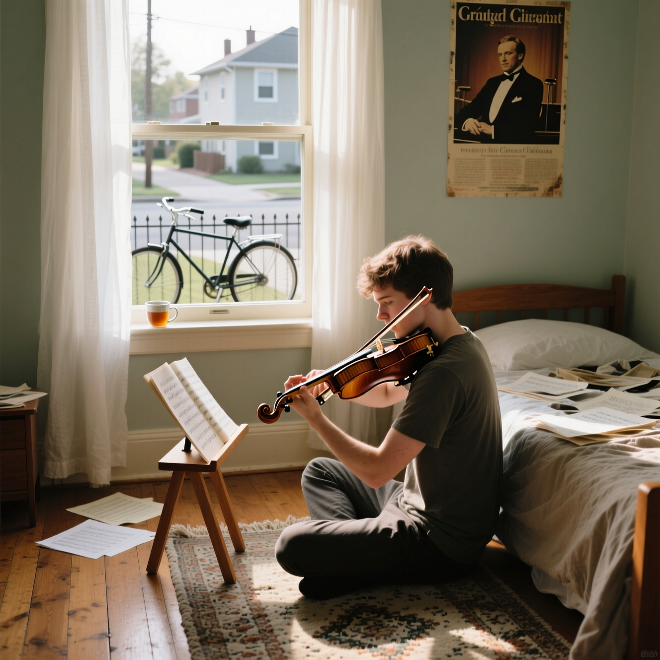 Photo 1: a person practising a musical instrument in a bedroom