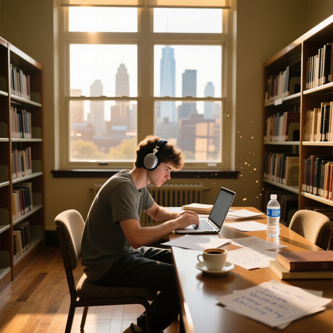 Photo 1: someone studying alone at a laptop, headphones on, notes scattered around