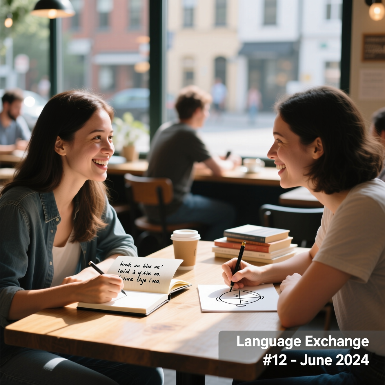Photo 2: a language-exchange meetup, two people with notebooks, mid-conversation