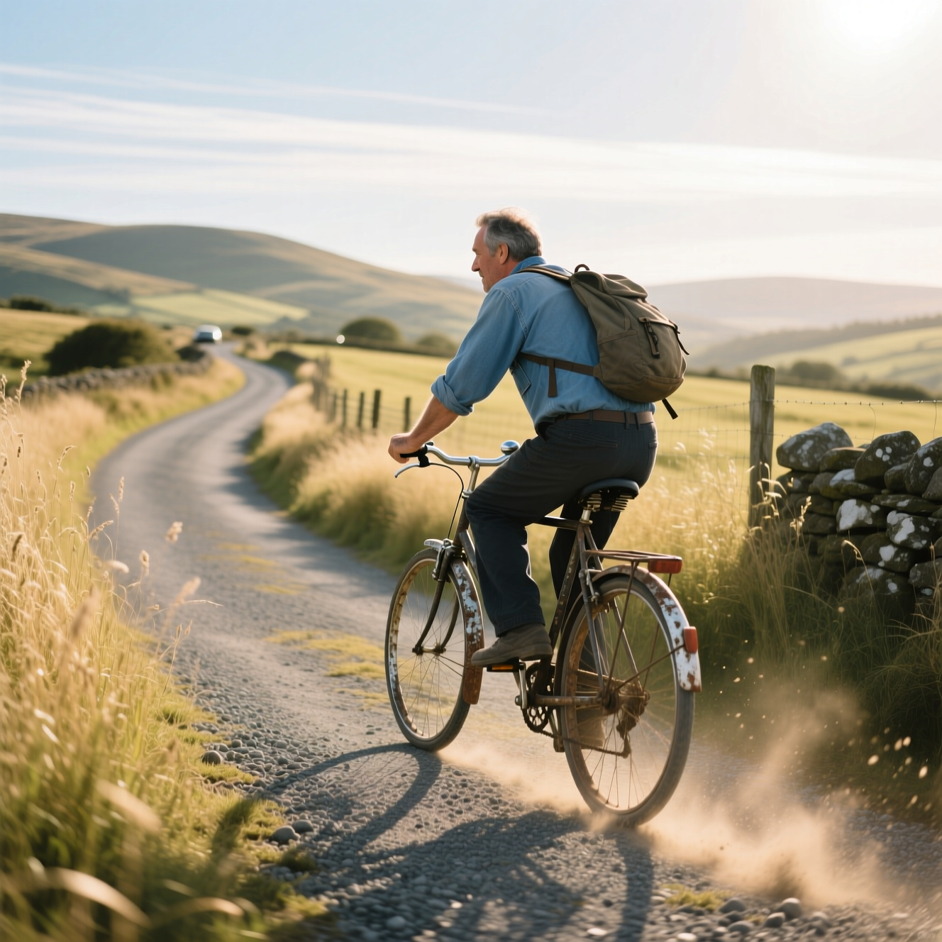 Photo 2: a single person riding a bicycle along a quiet country road with a backpack