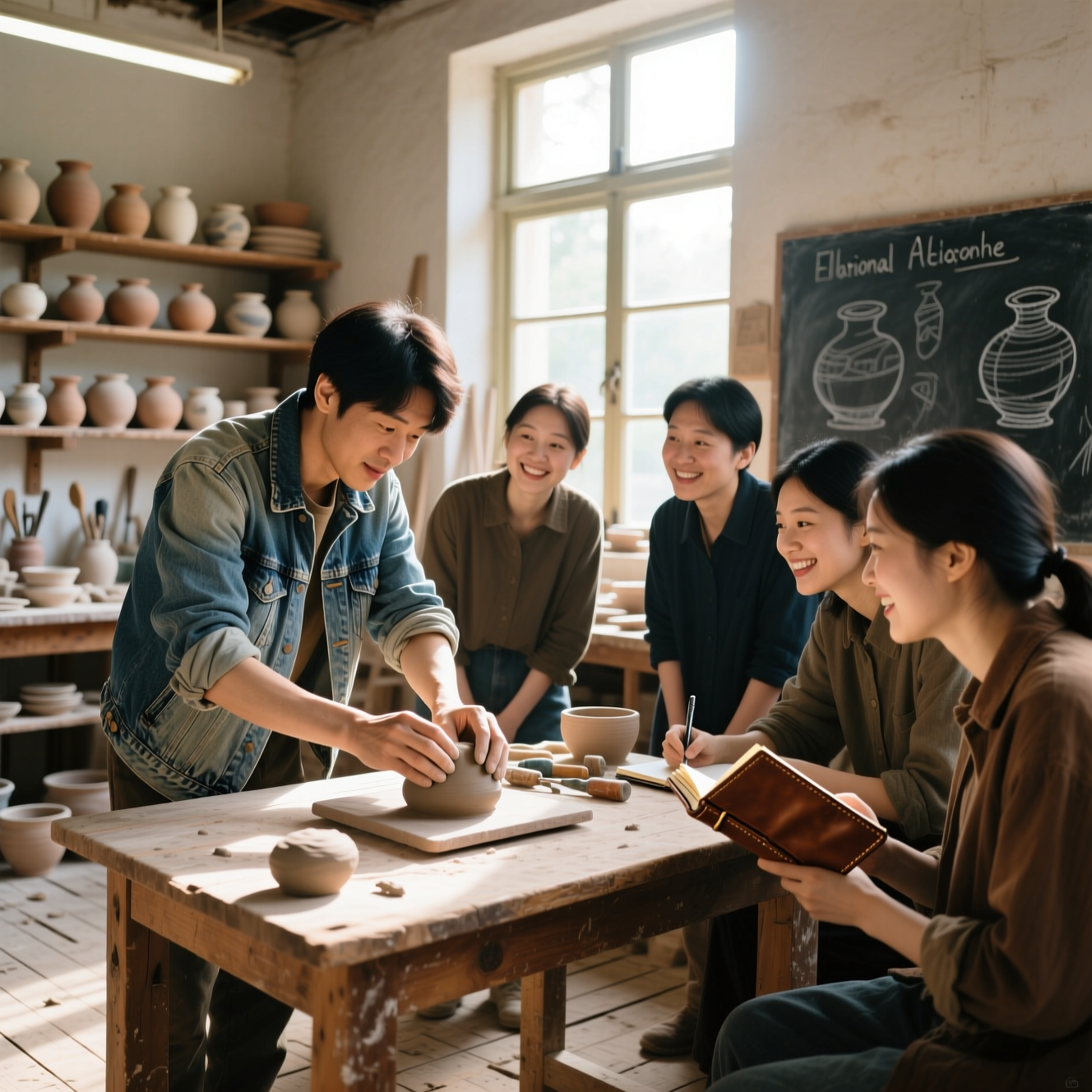 Photo 2: a small group in a workshop, one person demonstrating something with their hands