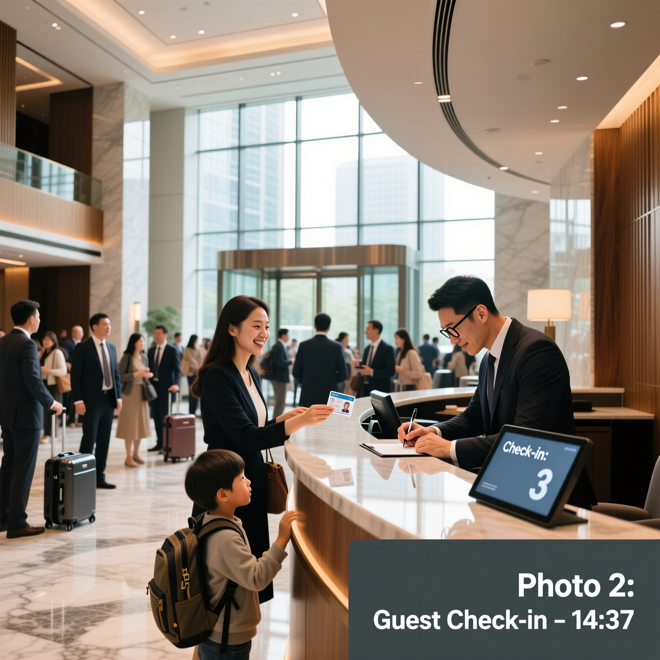 Photo 2: people checking into a large, modern hotel