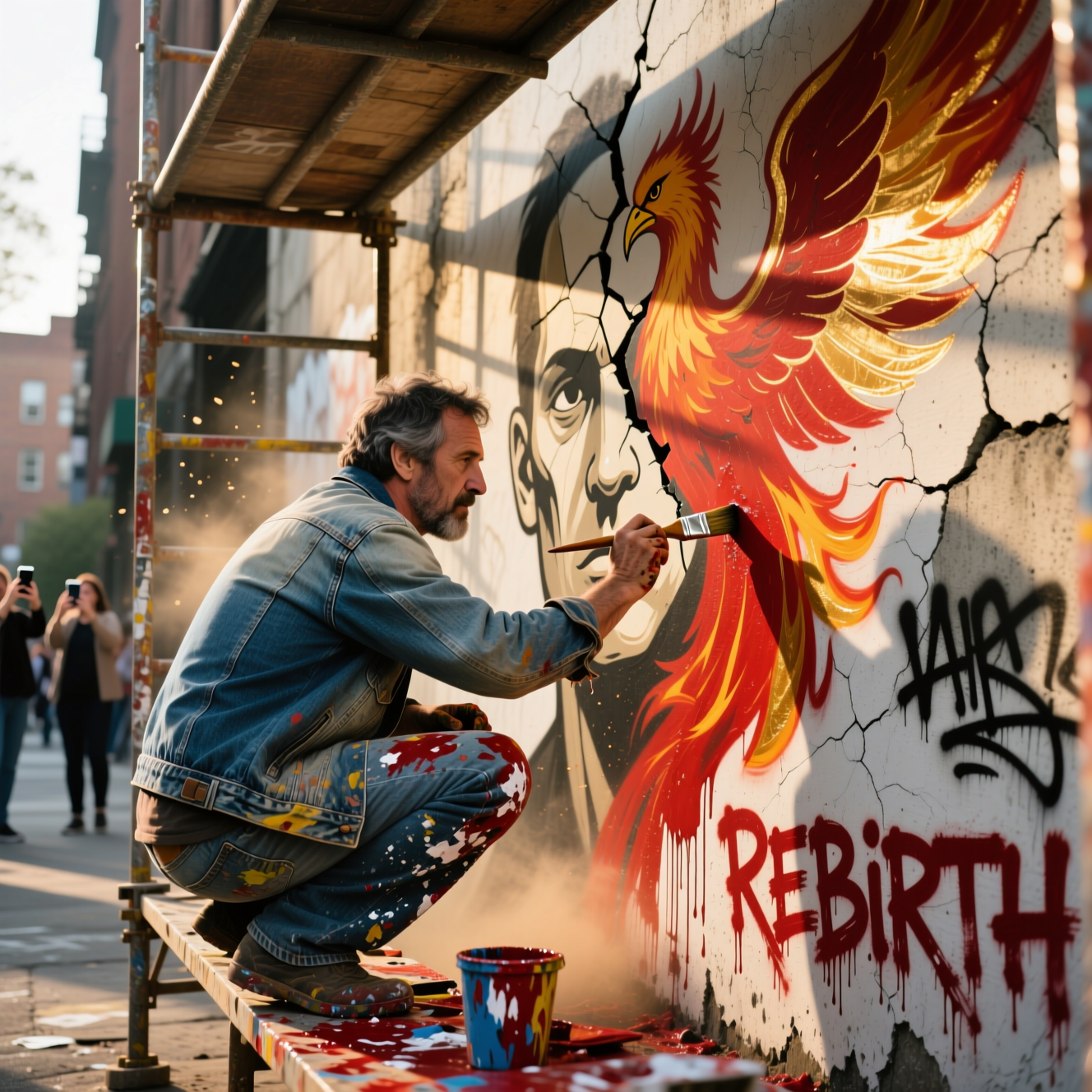 Photo 3: An artist painting a large, provocative mural on a city wall