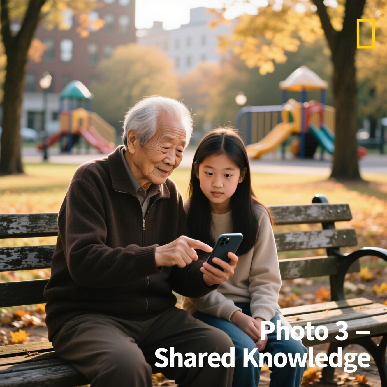 Photo 3: an older adult and a teenager looking at a phone screen together, one clearly explaining something