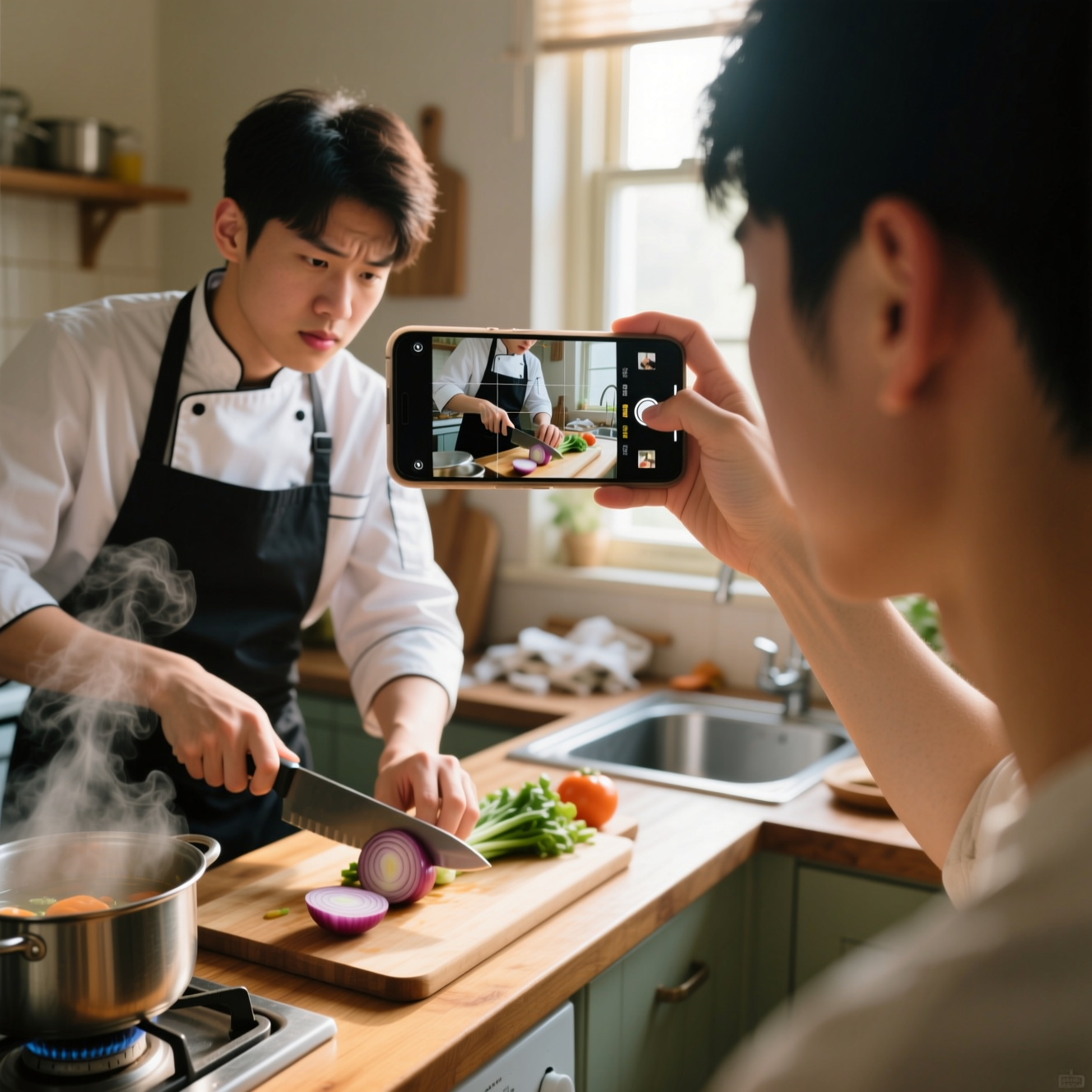 Photo 3: someone following an online tutorial video while cooking