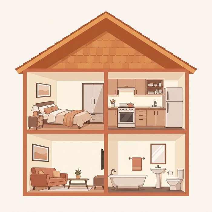 Cutaway house diagram showing a bedroom, kitchen, living room, and bathroom